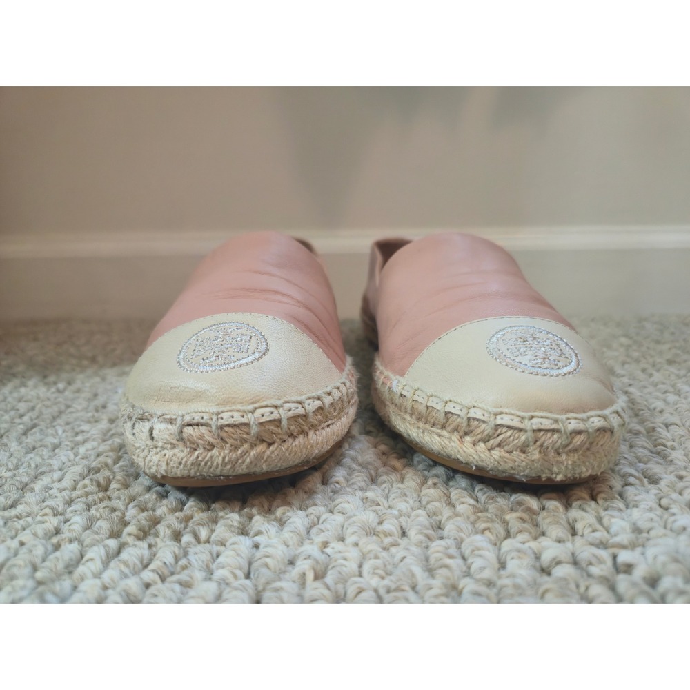 Tory Burch Women Leather Espadrille Flats Pink Cream Logo Cap Toe Slip On Size 6 - Picture 2 of 9